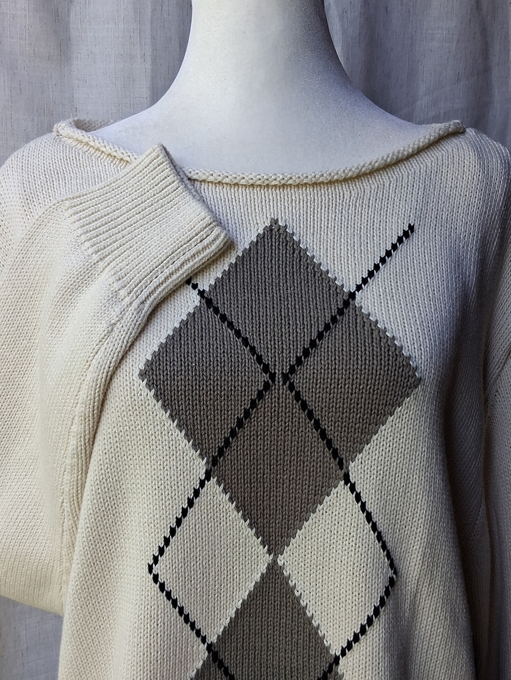 1. State Argyle Sweater Cream Knit M 100% Cotton - Picture 12 of 12